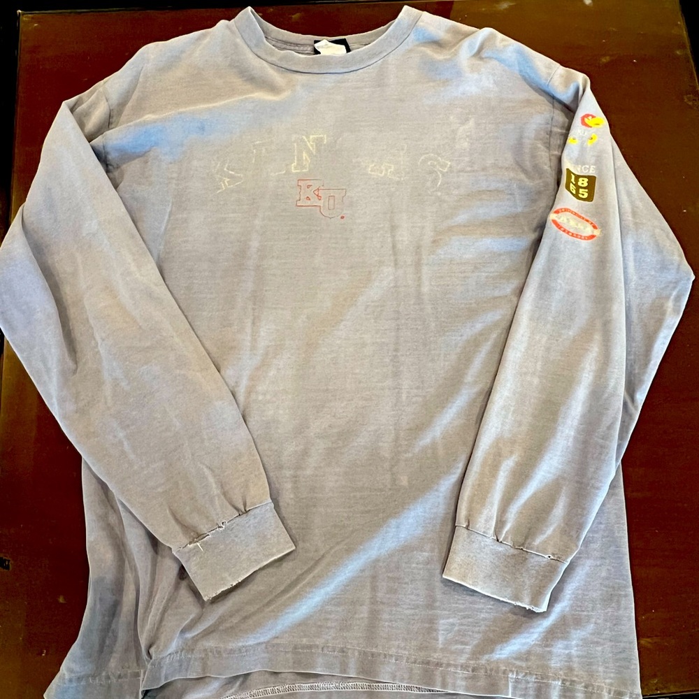 University of Kansas natural distressed long sleeve t shirt.